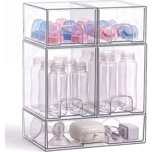 Viddett Baby Bottle Organizer, Clear Stackable Acrylic Drawers, 5 Pack