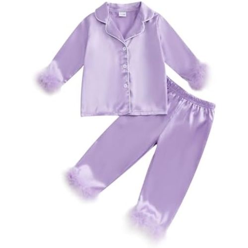 MAINESAKA Toddler Baby Girl Satin Pajamas Set Feather Trim Long Sleeve Button Down Tops Long Pants 2Pcs Pjs Sleepwear Outfits