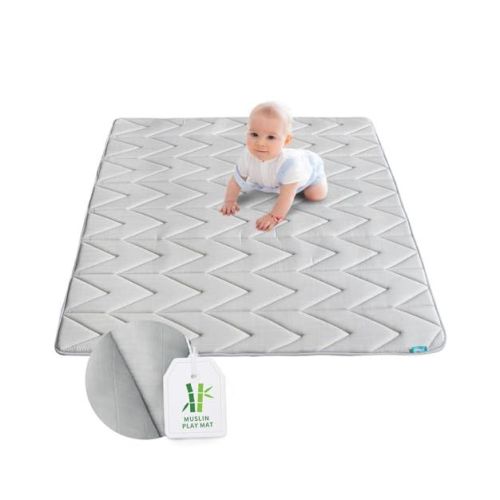 Biloban-Playmat Baby, Playpen Mat - Large Padded Foam Tummy Time Activity Mat for Infant & Toddler,Bamboo Muslin Surface,59"x72" Gray