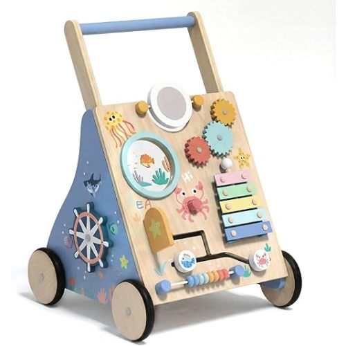 Ocean-Themed Wooden Baby Walker with Activity Center, Montessori Push Walker Toy for Babies 18 Months, Safe First Steps Baby Walking Aid for Boys & Girls