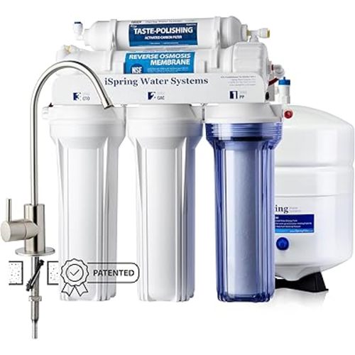 iSpring RCC7, NSF Certified, High Capacity Under Sink 5-Stage Reverse Osmosis Water Filter, RO Drinking System, 75 GPD, Brushed Nickel Faucet, Patented Top-Mounted Faucet Design for Easy Installation