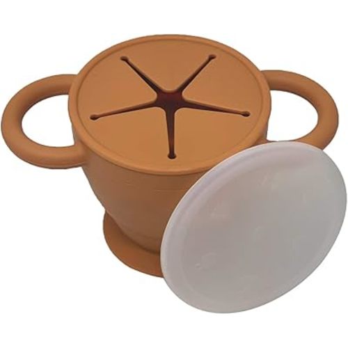 BraveJusticeKidsCo | Snack Attack II Snack Cup | Collapsible Silicone Snack Container | Toddler and Baby Snack Catcher Lid (Honey Ginger)