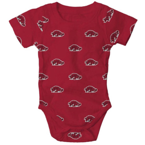 12 MONTHS - Wes and Willy Arkansas Razorbacks Baby CARDINAL All Over Print Slobbering Hog One Piece - 42150677