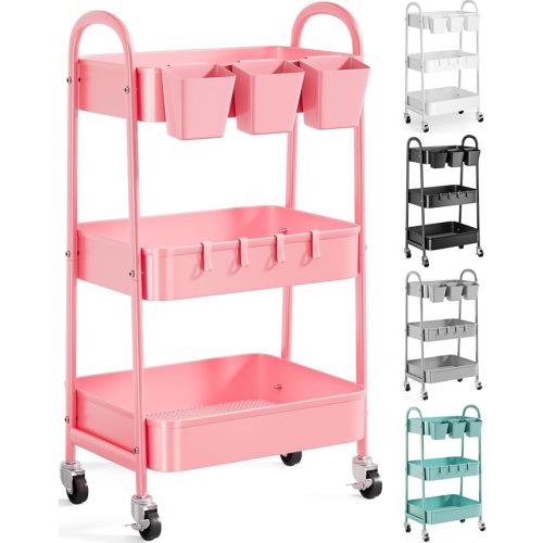 3 Tier Khaki Metal Utility Rolling Cart on Wheels, Three Tiered Storage Carts with Mesh Basket, Brown Roller Trolley Organizer for Kitchen, Laundry, Bedside, Art, Carft, Postpartum, Baby Diaper Caddy