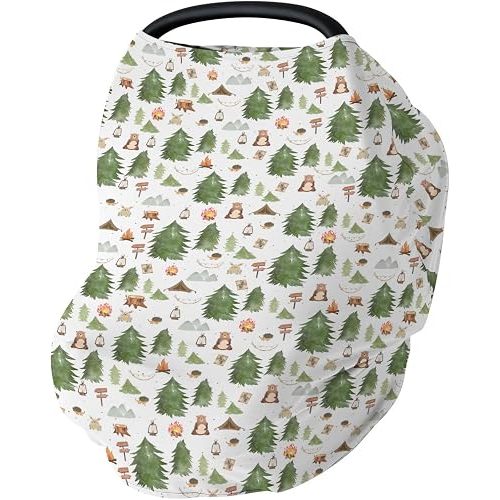 Baby Camping Animals Baby Car Seat Covers Bear Bunny Hedgehog Green Pine Trees Stretchy 5-in-1 Cover Adjustable Car Canopy Cover Wildlife Adventure Breathable Nursing Cover-Up