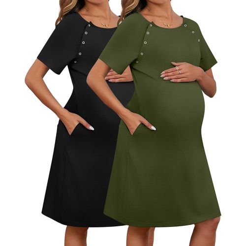 Huukeay 2 Pack Labor Delivery Nursing Hospital Gown Women's 35% Cotton Maternity Birthing Dress 3 In1 Breastfeeding Pajamas