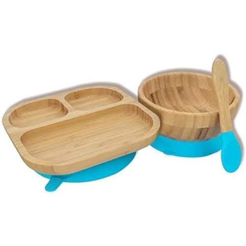 Baby Toddler Stay Put Dish, Kids Suction Plate & Bowl, Bamboo Cute Dinnerware (Blue Set)