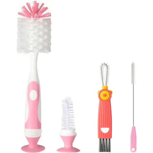 4-in-1 Baby Bottle Brush Set, Including Nylon Bottle Brush, Cap, Straw, Nipple Brushes, BPA-Free (Pink)