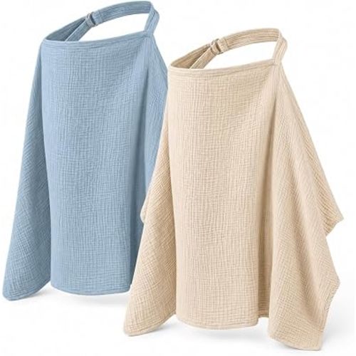 2pcs Breathable Nursing Covers with Rigid Neckline for Mum Breastfeeding (Dusty Blue, Beige)