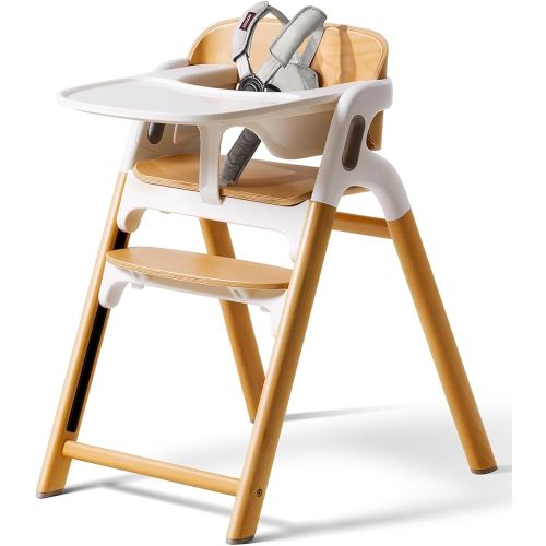 Momcozy DinerPal Wooden High Chair for Babies, Toddlers & Adults Up to 308 Lbs, Convertible Baby Highchair with Food-Grade Tray, Dishwasher-Safe, Adjustable & Ergonomic, Natural Wood