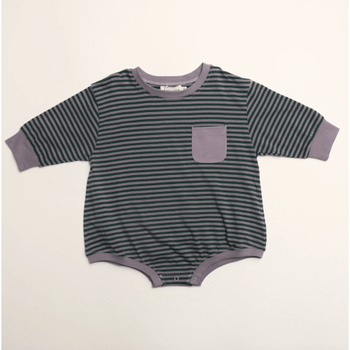 Harley Pocket Romper in Purple Ash Stripe 6-12 MO