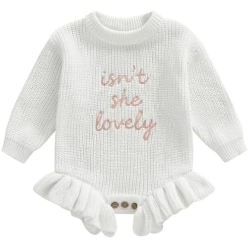 Gueuusu Baby Girl Sweater Romper Long Sleeve Letters Embroidery Ruffle Bodysuit Jumpsuit Newborn Winter Clothes