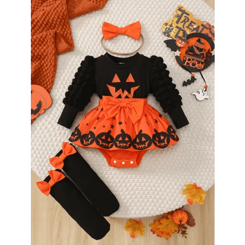 3pcs long sleeve bow pumpkin print bodysuit dress ribbon - Temu