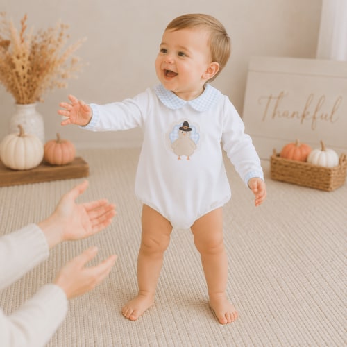 Pilgrim Pals Applique Collared Long Sleeve Bubble - Light Blue