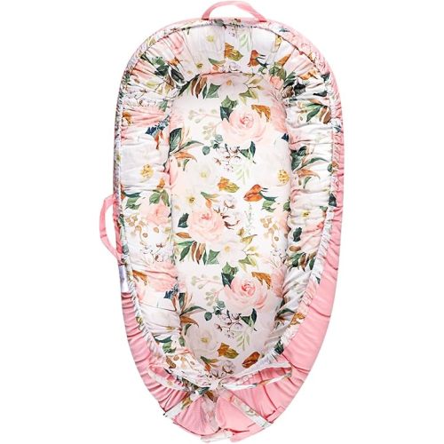 DILIMI Baby Nests,100x60cm Baby Lounger for Newborn, Portable 100% Breathable Cotton Baby Nest Bed for Newborn & Babies (0-12 Months)(Light Pink Flower)