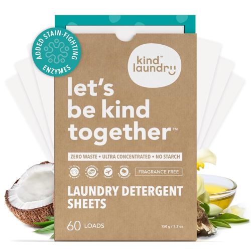 Kind Laundry Detergent Sheets with Stain-Fighting Enzymes - Plant Powered Eco-Friendly Laundry Soap Sheets - Home or Travel Laundry Detergent Fragrance Free, 60 Loads (Mom's Choice Award Winner)