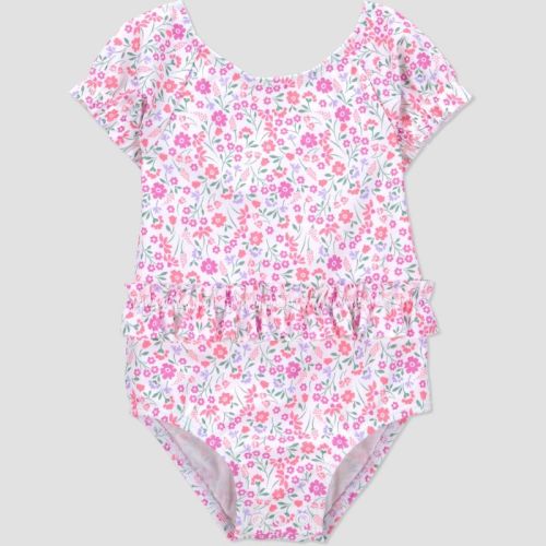 Carter's Just One You® Baby Girls' Floral Short Sleeve Ruffle Waist One Piece Swimsuit - Pink 6M