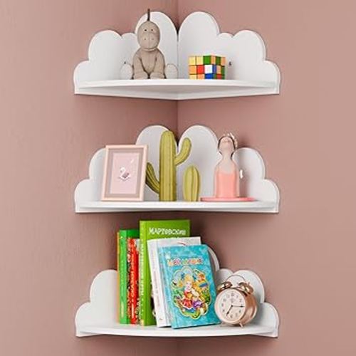 Cloud Floating Corner Shelves - Set of 3 Cloud Corner Wall Shelves for Kid’s Room, White Floating Shelf Nursery Wall Deor, Small Cute Clouds Dispaly Shelf for Toys, Plants & Storage.