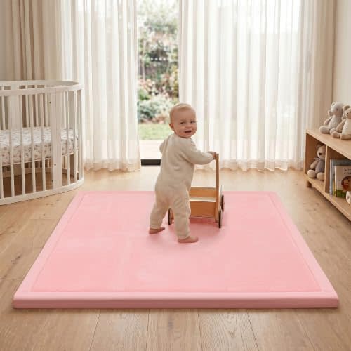 ACOMOPACK 1.3" Thick Baby Play Mat for Floor,50x50 Elasti-Foam Playpen Mat for Kids,Infants,Toddlers, Ultra Soft Crawling Mat with Non-Slip Bottom,Tummy Time,Nursery Rug,Yoga,Tatami（Pink）