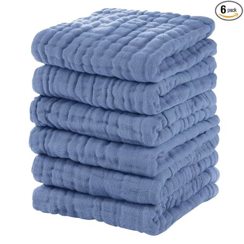 Muslin Burp Cloths Baby 12''X12'', Baby Washcloths 6 Pack, 100% Cotton Baby Wash Cloths Absorbent and Soft for Newborn Infants Kids Boys Girls - Sapphire Blue