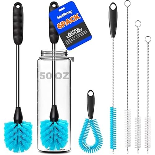 Holikme 6 Pack Bottle Brush Set, 14.5" Long Handle Stainless Steel Bottle Cleaner Brush, Long-Handled 6-in-1 Stainless Steel Bottle Brushes for Water Bottle, Cups, Abrasive Wheel Brushes, Blue