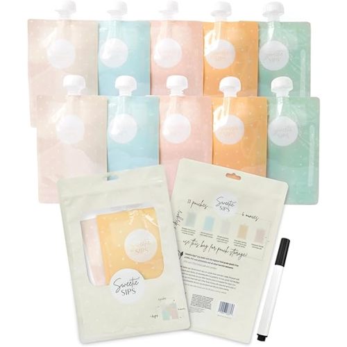 Reusable Food Pouches 10-Pack 6oz Baby Food Storage Refillable Toddler Squeeze Pouch for Kids Washable Freezer Safe Homemade Purees Smoothies Sweetie Sips