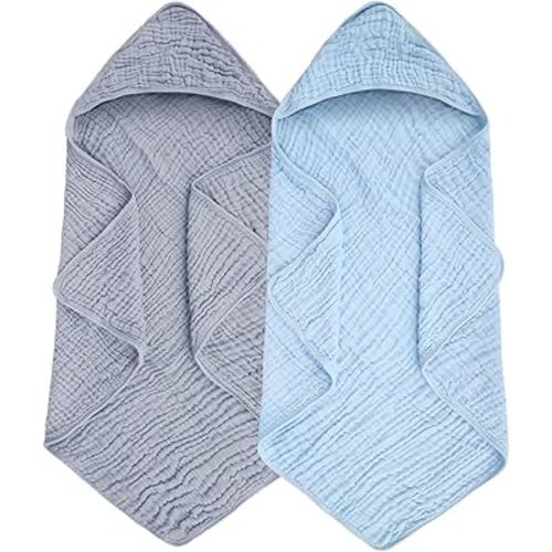 Synrroe Baby Hooded Bath Towel 2 Pack, 100% Muslin Cotton, 32x32 Inch - Matching Trim & Hood, Soft Absorbent Baby Toddler Towel for Newborns & Infants, Blue and Misty
