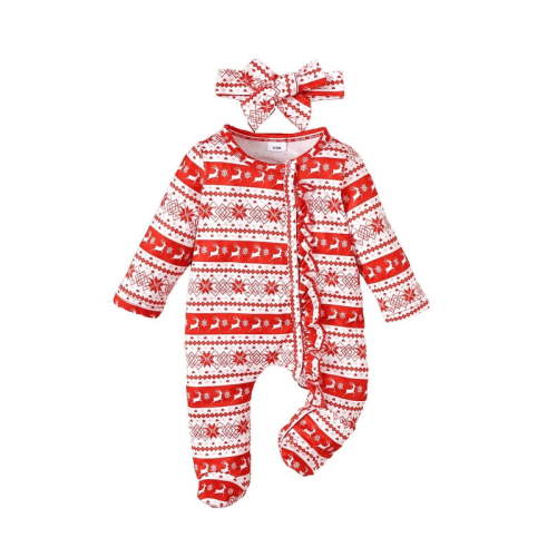 Infant Newborn Baby Girl Clothes Onesies Long Sleeve Ruffle Baby Footed Clothes with Christmas Pattern Printed Baby Clothes for Girls