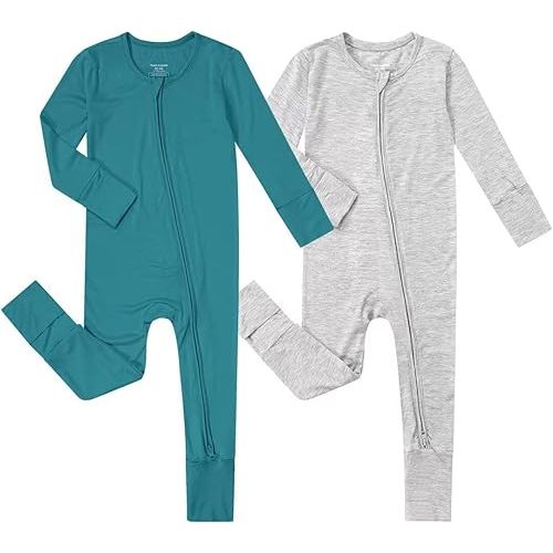 Teach Leanbh Unisex Baby 2 Pack Bamboo Viscose Pajamas with Mittens and Feet Cuffs 2 Way Zipper Long Sleeve Romper