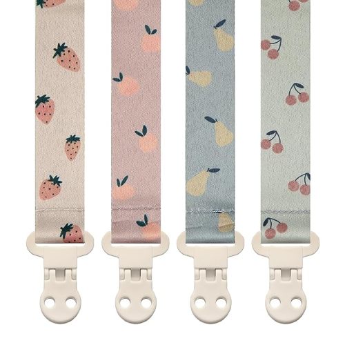 Stadela Baby Pacifier Clip Holder - Girl or Boy Unisex 4 Pack Gift Set – Summer Peaches Strawberies Cherries Pears (Fruits)