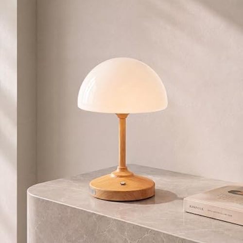 Dawnwake Table Lamp Cordless Lamp for Bedroom,Small Bedside Desk Table Lamp,5000mAh Rechargeble Battery Operated Dimmable Table Lamps,Glass Shade Warm Night Light for Bedroom Living Room(Wood Grain)