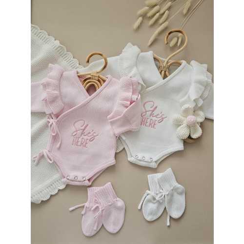 Personalised Baby Ruffle Romper, Luxury Neutral Set, Newborn Pink, Baby Announcement Bodysuit, Baby Coming Home Outfit, Knitted Hello World