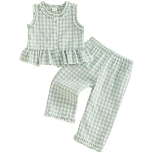 Thorn Tree Girls Summer Outfits Ruffle Sleeve Button Up Dress Tops Plaid Linen Pants Spring Toddler Girl Clothes