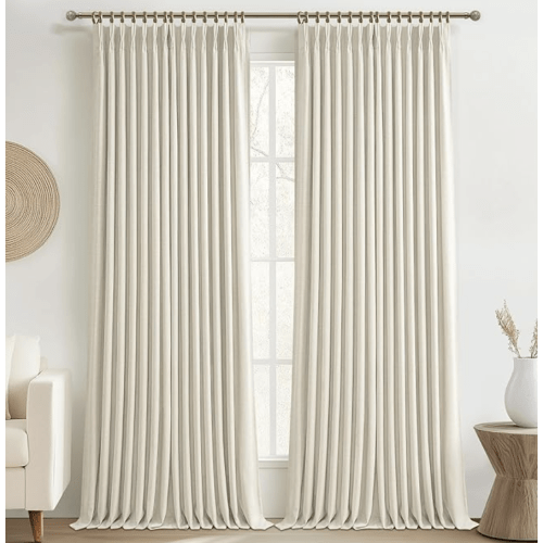 70 Inch Extra Wide Pinch Pleated Curtains 84 Inches Long 2 Panels Set for Living Room, Cream Memory Shape Pleat Blackout Dual Layer Linen Farmhouse Insulated Noise Reducing Windows Drapes 7 FT Length