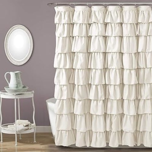 Lush Decor Ruffle Shower Curtain | Floral Textured Vintage Chic Farmhouse Style Design, Ivory, 72" x 72"