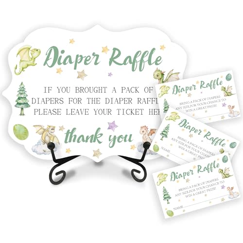 A09 Diaper Raffle Sign Set - Wooden Watercolor Dragon Sign with Self-Stand & 50 Raffle Tickets for Baby Shower, Announcement, Gender Reveal Parties