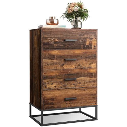 WLIVE Wood Dresser for Bedroom with 4 Drawers, Tall Dresser with Sturdy Metal Frame, Wooden Chest of Drawers for Hallway, Living Room, Closet, Brown Oak