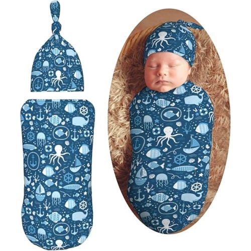 Underwater Octopus Newborn Swaddle Blankets Hat Sets Soft Baby Receiving Blanket Swaddle Sack for Baby Shower Infant Boy Girl Gift