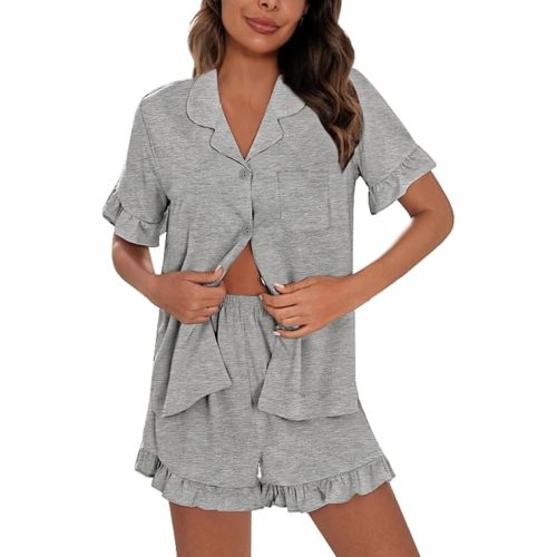 SWOMOG Woman Pajama Set Short Sleeve Pjs Set 2Pcs Short Pajamas Button Down Ruffle Hem Sleepwear Soft Modal Loungewear