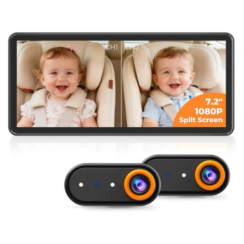 BM5PRO 7.2" 1080P HD Baby Car Camera for 2 Kids, Split Screen with IR Night Vision, Easy to Install & Adjust Brightness, Dual Car Camera Baby Monitor for Rear Seat Safety