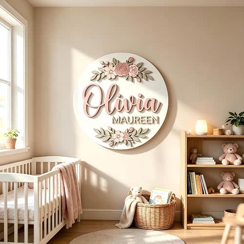 Personalized Floral Wooden Name Sign for Nursery, Custom Round Baby Name Sign, Personalized Girl Nursery Wall Decor, Wooden Baby Name Plaque, Custom Floral Nursery Decor, Kids Room Wall Sign, 11.81in