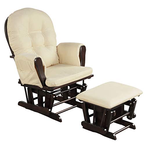 Costzon Nursery Glider with Ottoman, Upholstered Comfort Glider Rocker with Padded Cushion, Storage Pocket, Solid Wood Base, Rocking Chair Nursery for Breastfeeding, Napping (Beige)