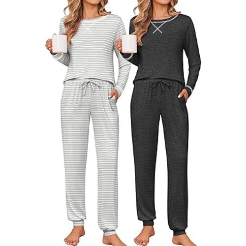Ekouaer 2 Pack Pajama Sets for Womens Jogger Pants Pjs Long Sleeves Lounge Set Soft Sleepwear with Pockets