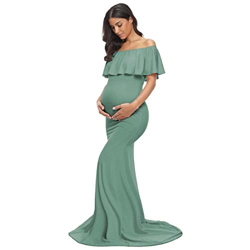 Glampunch Womens Off Shoulder Maternity Dress Ruffles Elegant Slim Gowns Fit Maxi Photography Dress