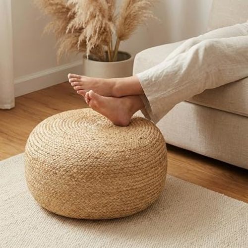 · REDEARTH · Jute Circular Low Pouf Ottoman - Boho Foot Stool - Natural