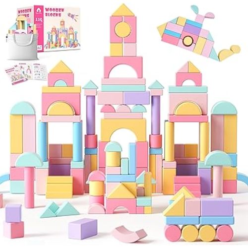 VigorFun 110 PCS Wooden Building Blocks Set - Construction Stacking Toy with Storage Bag, Montessori Preschool Toys for Toddlers Kids Birthday Gifts Ages 3+