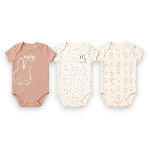 Miffy Baby Boys' 3-Pack Short Sleeve Soft Cotton Blend Bodysuit Set, Sand/Off-White Miffy