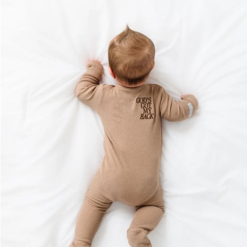 God's Got My Back Beige PJ Footed Onesie Ribbed Cotton-Bamboo Blend