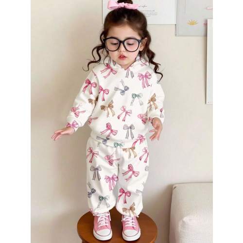 SHEIN Cute Bowknot Print, Pink, School Style, French Retro Sweet, Baby Girl Casual Loose Comfortable Soft Knit Hoodie And Sweatpants Set, Suitable For Autumn And Winter Toddler Lounge Set Fall | SHEIN USA