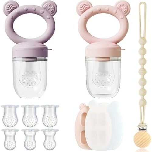 4-Pack Baby Fruit Feeder Set with Anti-Drop Clip, Freezer Tray and Pouches